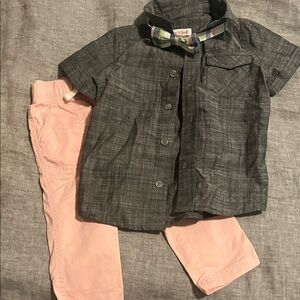 Gray Button-Up Shirt and Pink Pants with bow tie Set